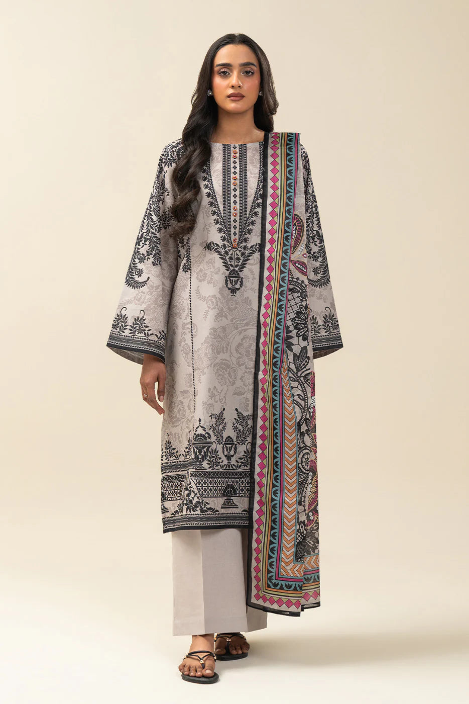 3 PIECE PRINTED LAWN SUIT-DAMASK DECOR (UNSTITCHED)