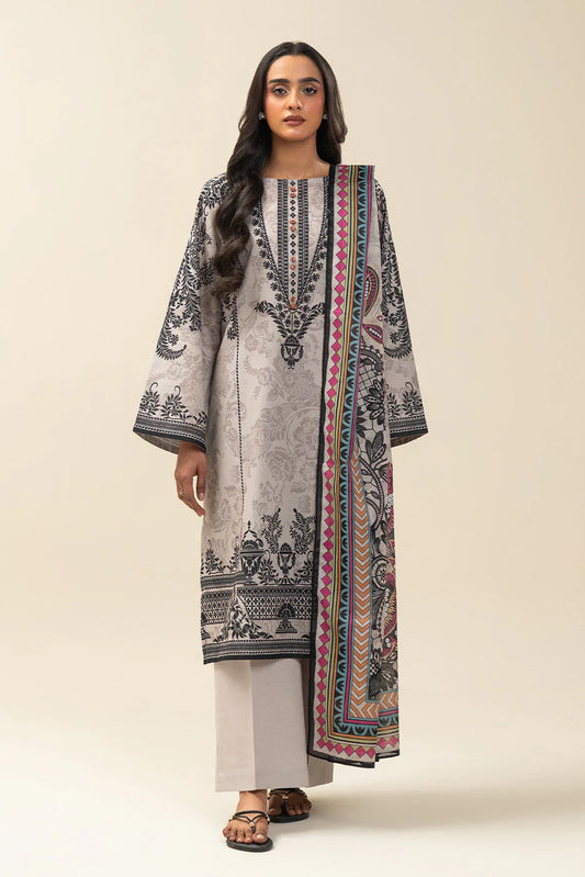 3 PIECE PRINTED LAWN SUIT-DAMASK DECOR (UNSTITCHED)