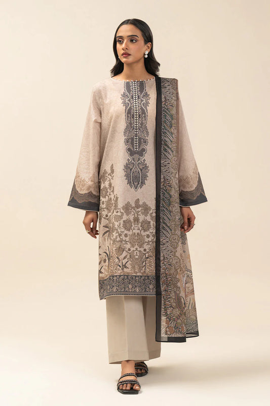 3 PIECE PRINTED LAWN SUIT-COFFEE FOREST (UNSTITCHED)