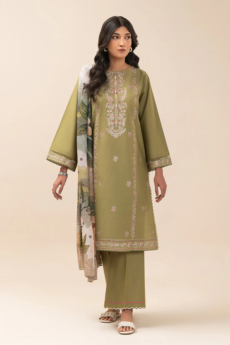 2 PIECE EMBROIDERED LAWN SUIT-OLIVE LUXE (UNSTITCHED)