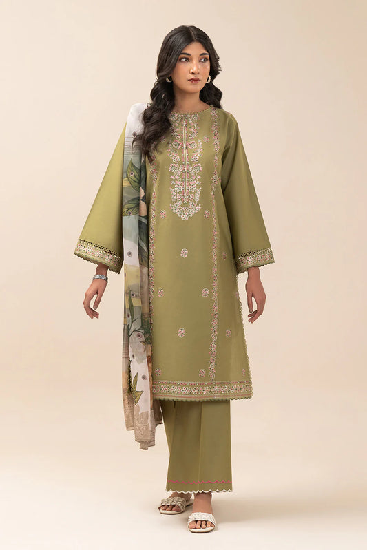 2 PIECE EMBROIDERED LAWN SUIT-OLIVE LUXE (UNSTITCHED)