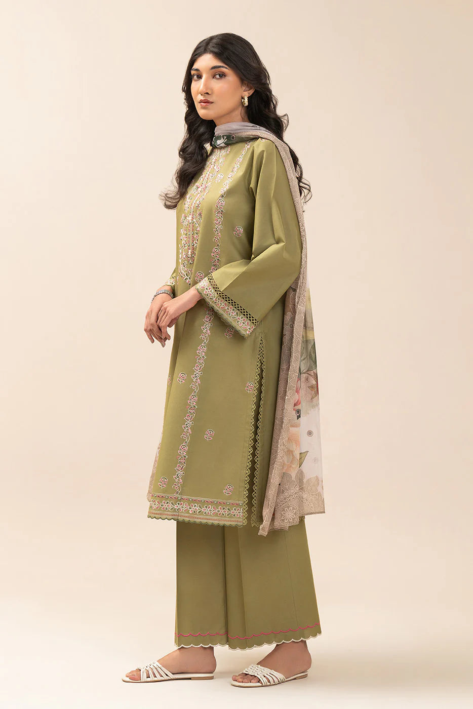 2 PIECE EMBROIDERED LAWN SUIT-OLIVE LUXE (UNSTITCHED)