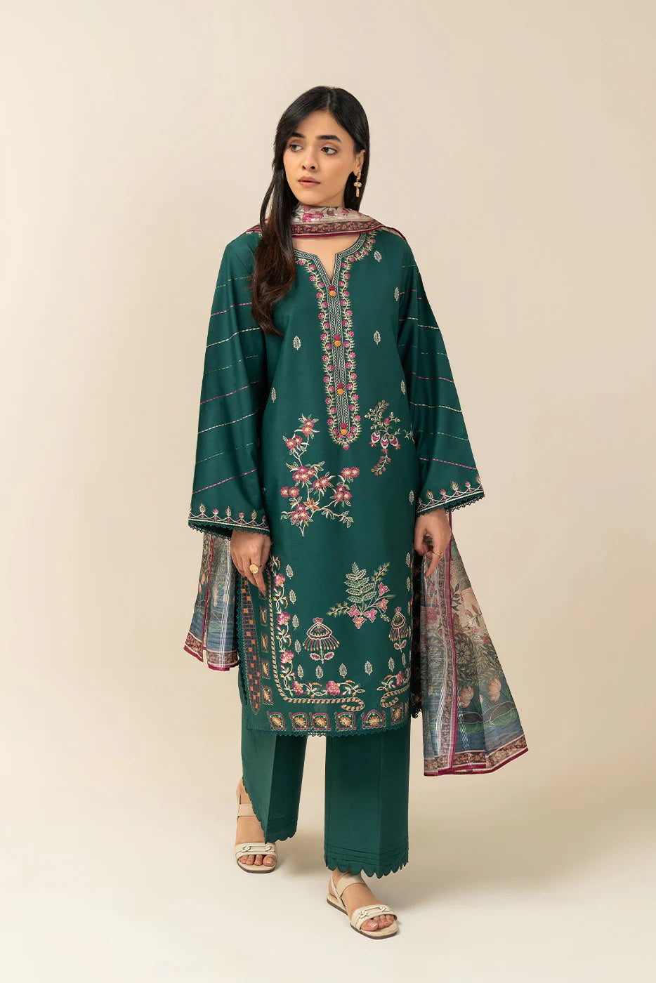 3 PIECE EMBROIDERED LAWN SUIT-MUGHAL GREENS (UNSTITCHED)