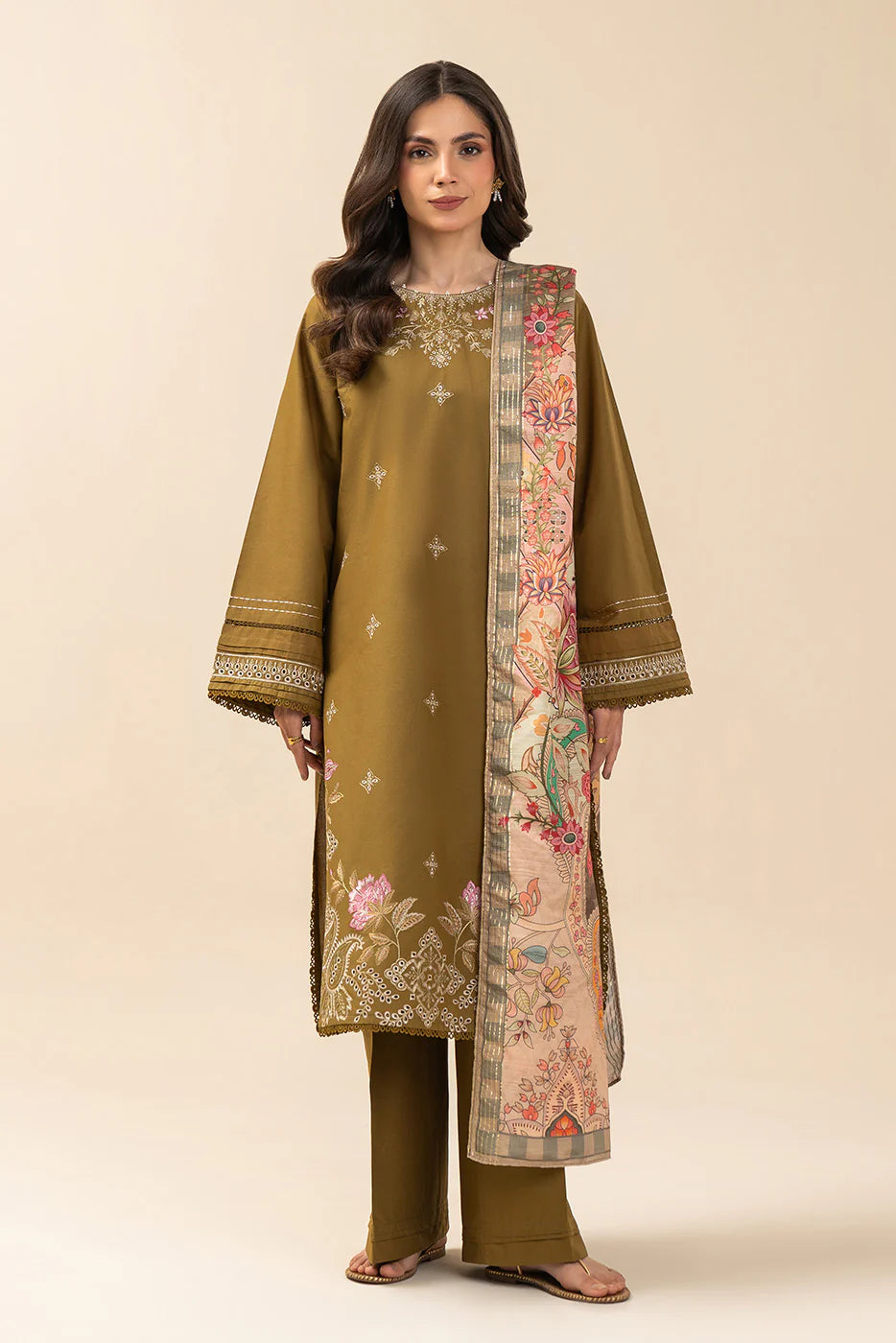 3 PIECE EMBROIDERED LAWN SUIT-OLIVE CHARM (UNSTITCHED)