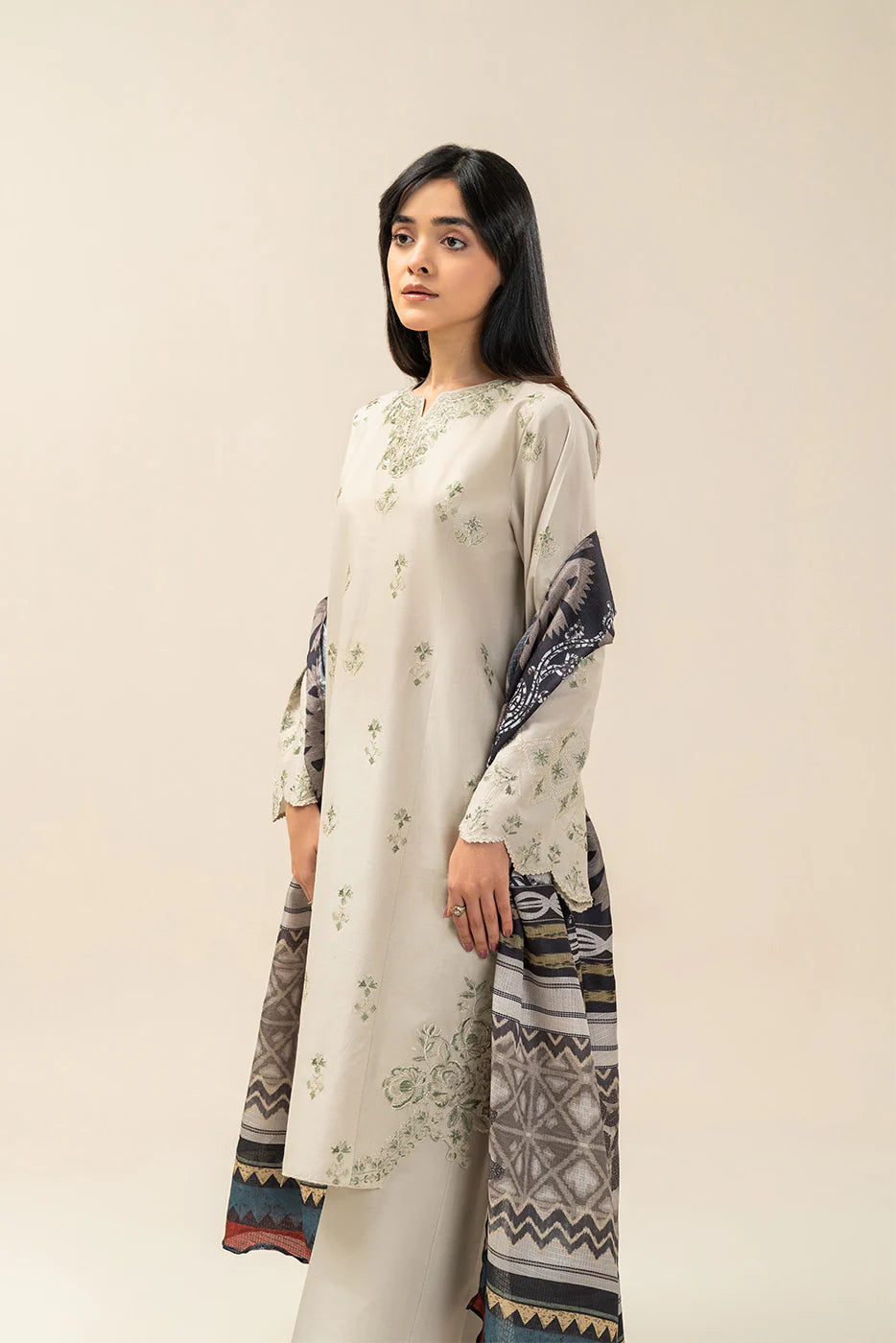 3 PIECE EMBROIDERED LAWN SUIT-OYSTER BUD (UNSTITCHED)