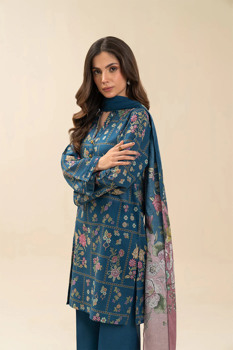 3 PIECE PRINTED LAWN SUIT-COSMOS BLUE (UNSTITCHED)