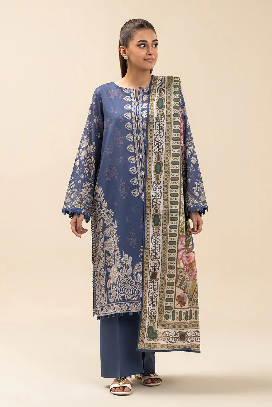 3 PIECE PRINTED LAWN SUIT-SYMPHONY BLUE (UNSTITCHED)