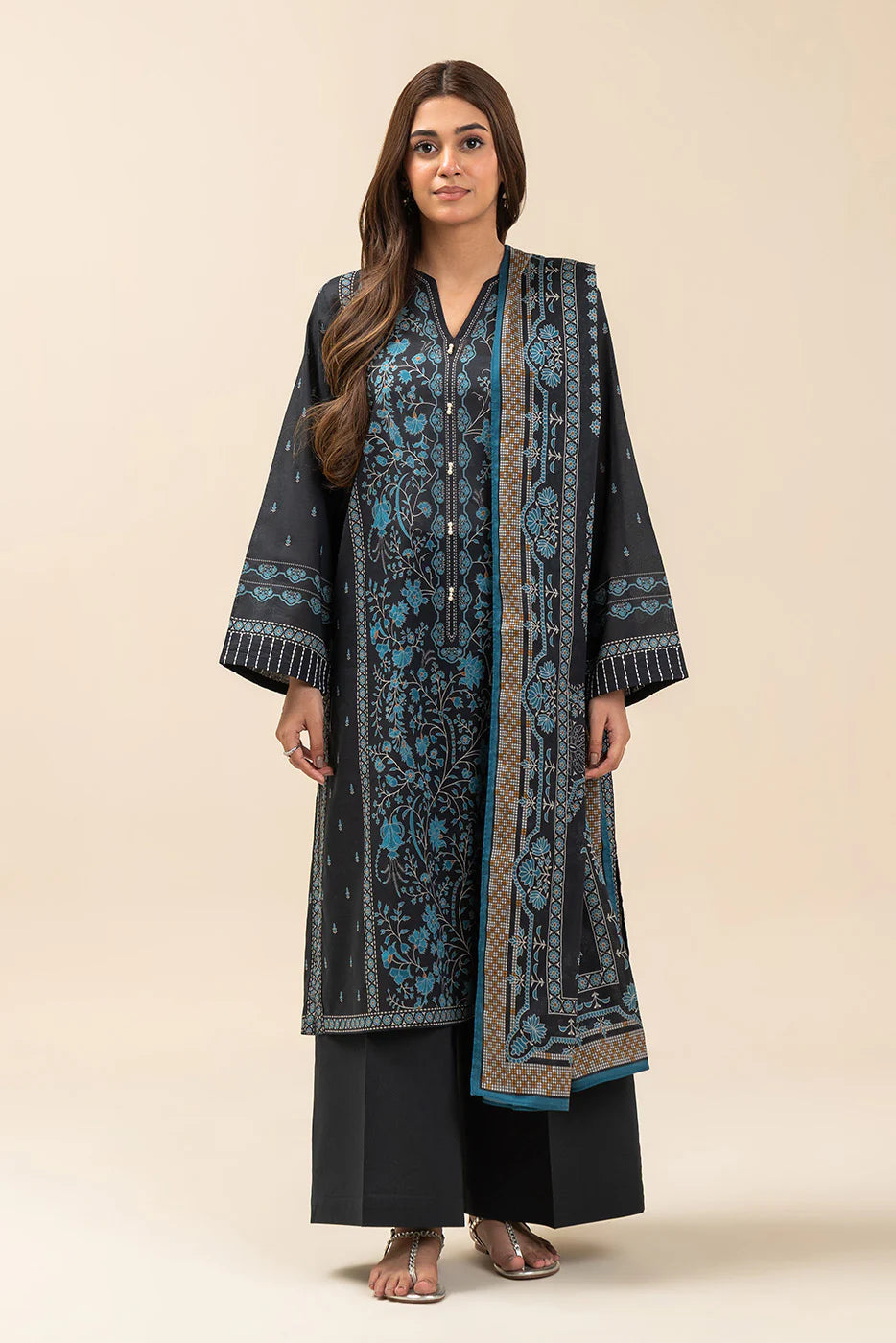3 PIECE PRINTED LAWN SUIT-MYSTERY BLUE (UNSTITCHED)