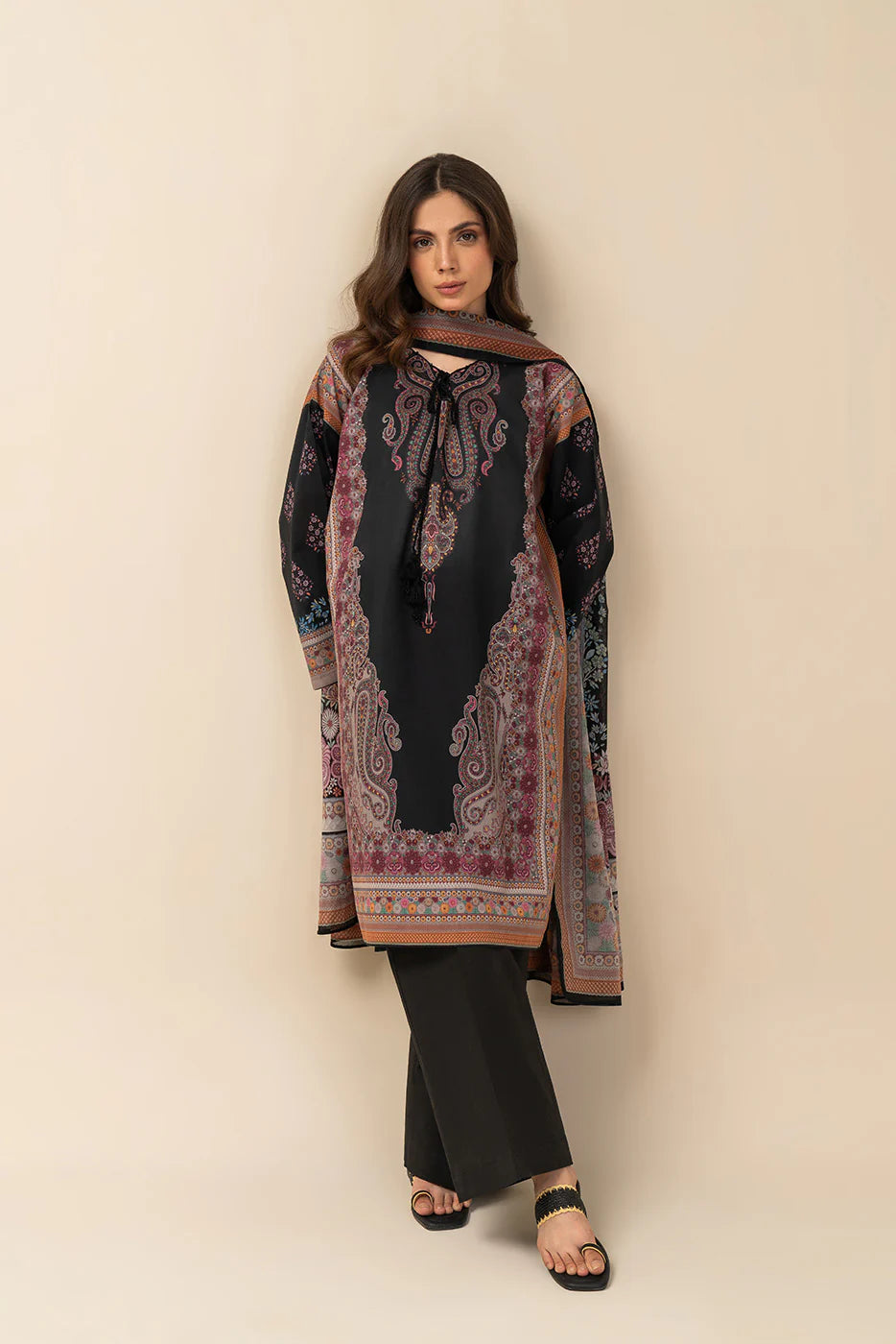 3 PIECE PRINTED LAWN SUIT-BLACK CYPRESS (UNSTITCHED)