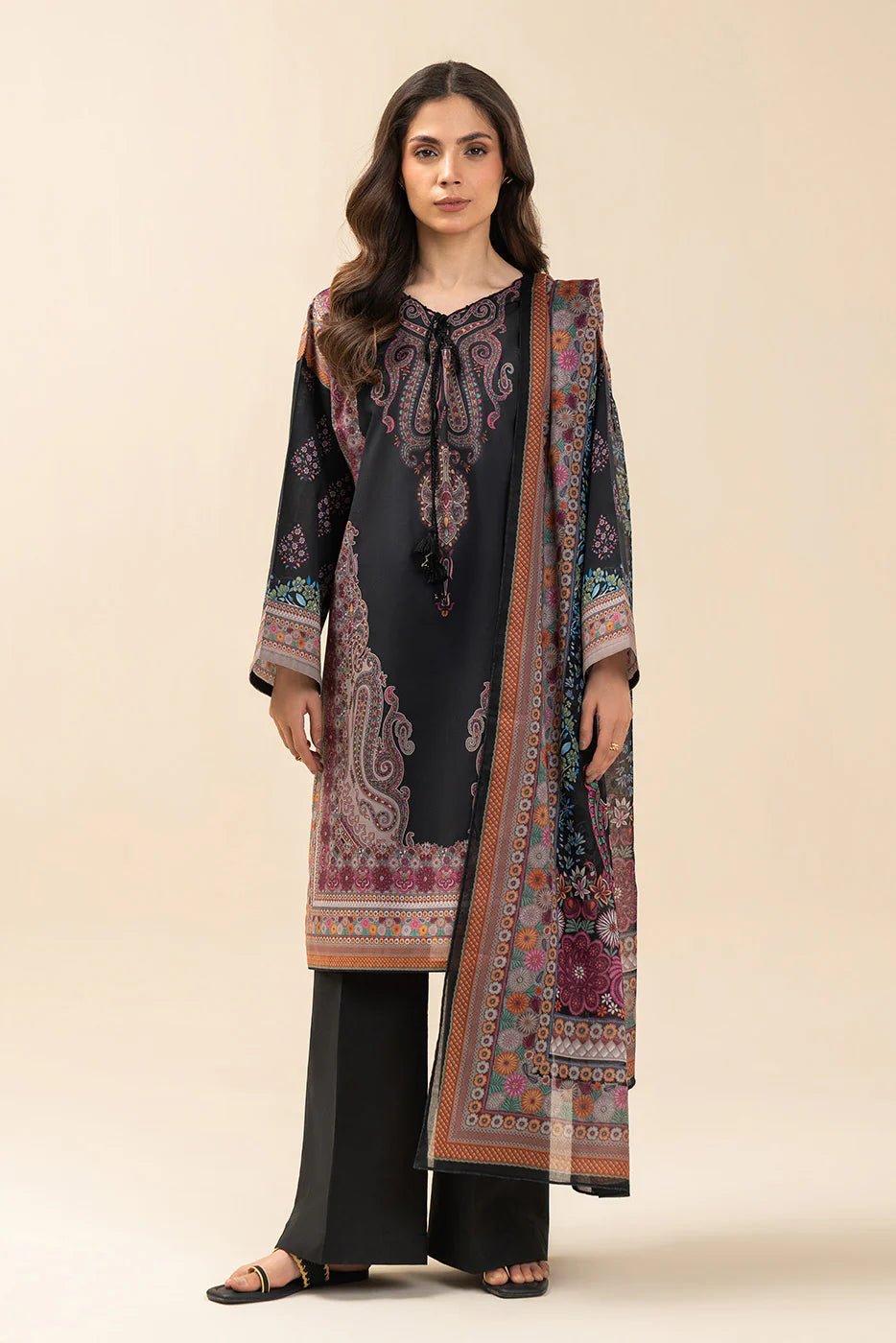 3 PIECE PRINTED LAWN SUIT-BLACK CYPRESS (UNSTITCHED)