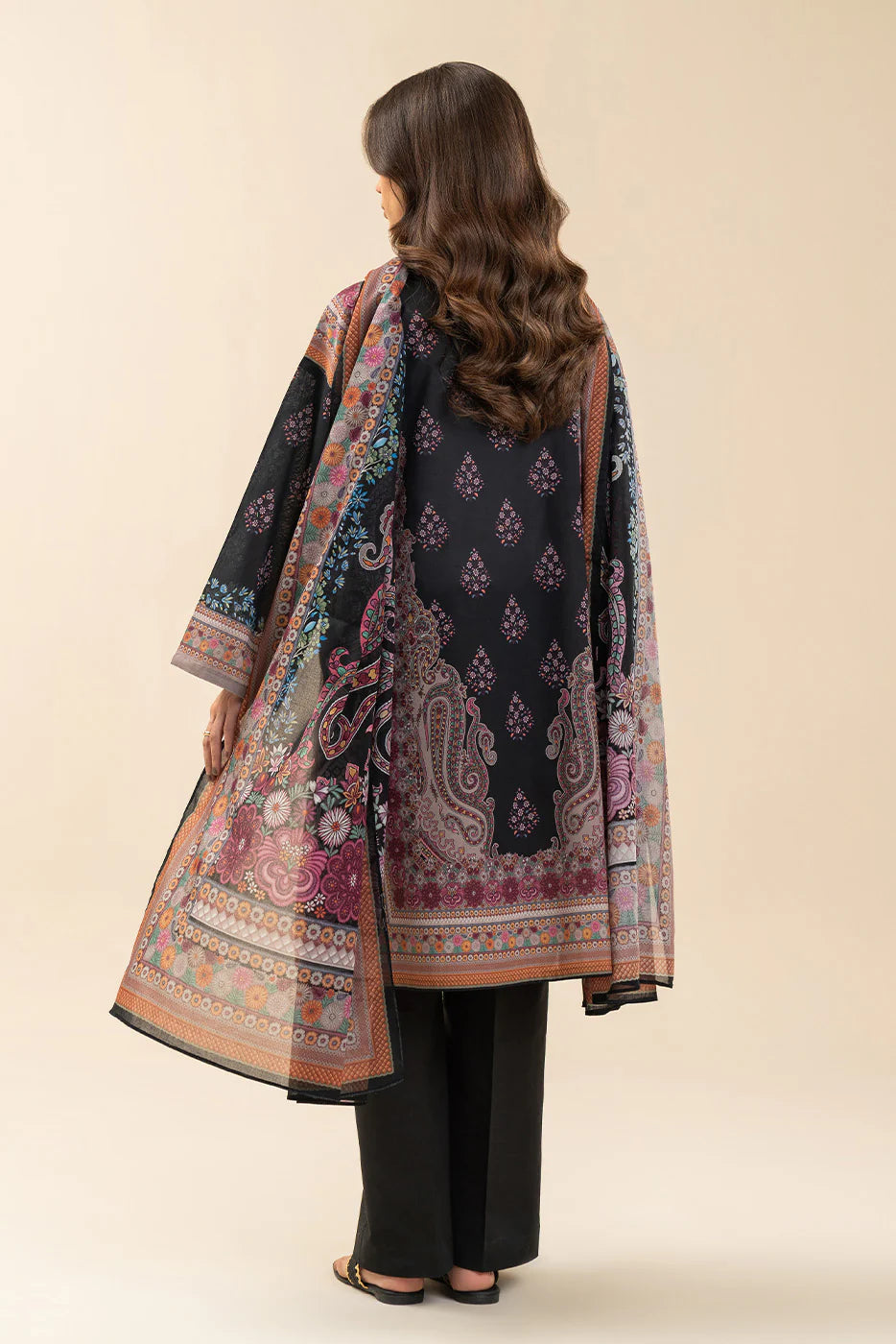 3 PIECE PRINTED LAWN SUIT-BLACK CYPRESS (UNSTITCHED)