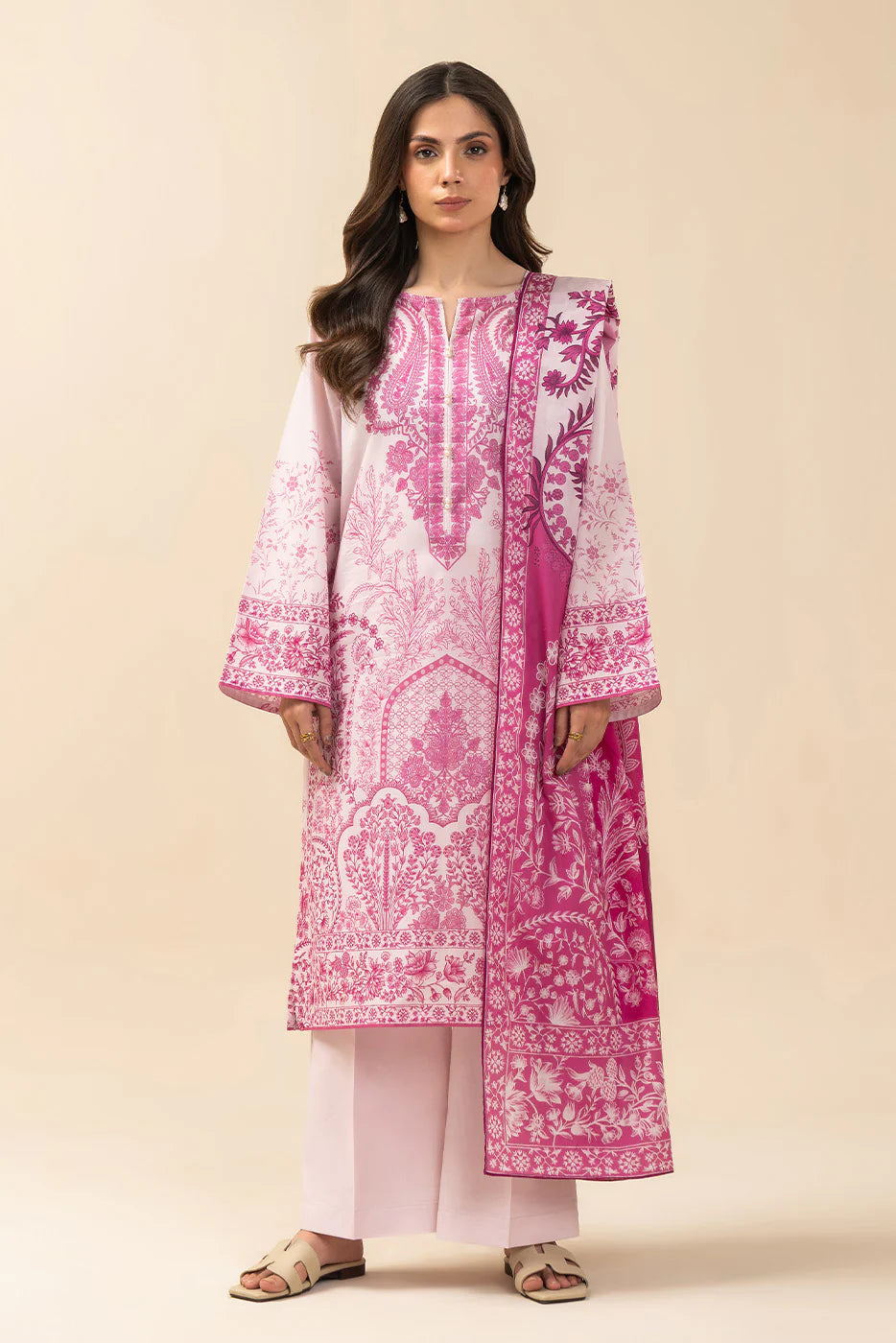 3 PIECE PRINTED LAWN SUIT-PINK HUES (UNSTITCHED)