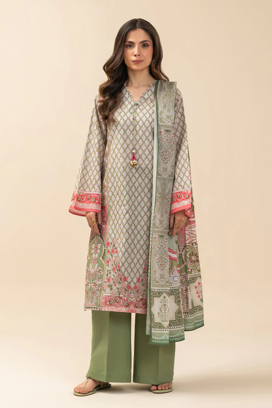 3 PIECE PRINTED LAWN SUIT-FOREST GREEN (UNSTITCHED)