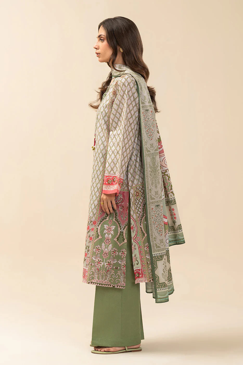 3 PIECE PRINTED LAWN SUIT-FOREST GREEN (UNSTITCHED)