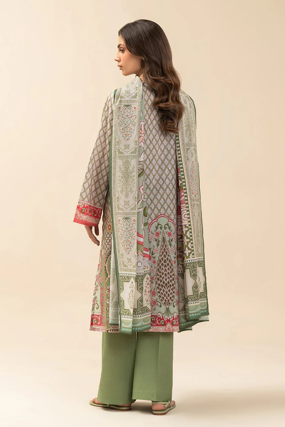 3 PIECE PRINTED LAWN SUIT-FOREST GREEN (UNSTITCHED)