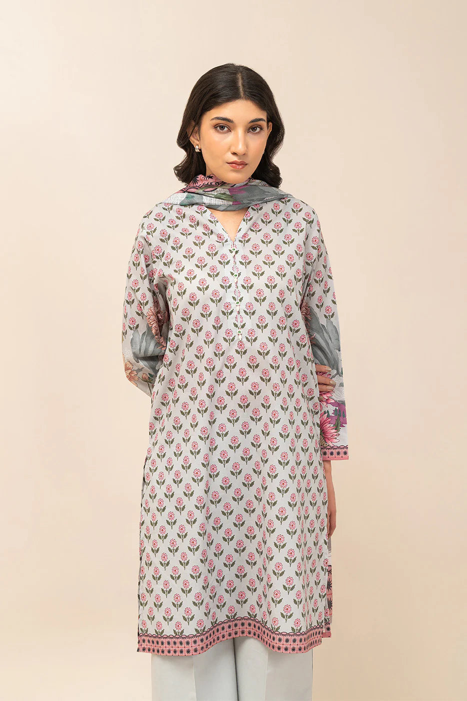3 PIECE PRINT LAWN SUIT-SPLENDOUR GREY (UNSTITCHED)