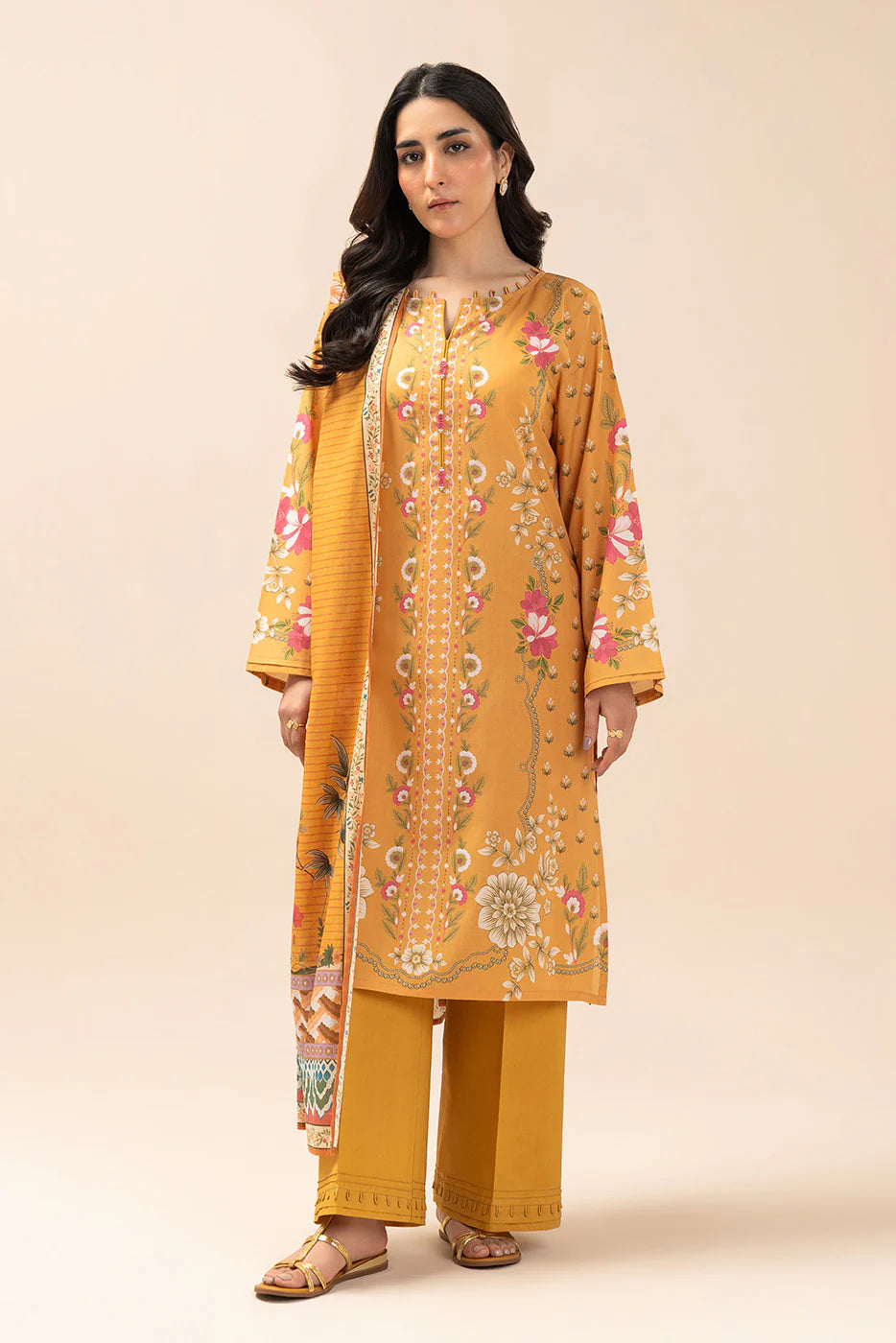 3 PIECE PRINT LAWN SUIT-WILDFLOWER MUSTARD (UNSTITCHED)