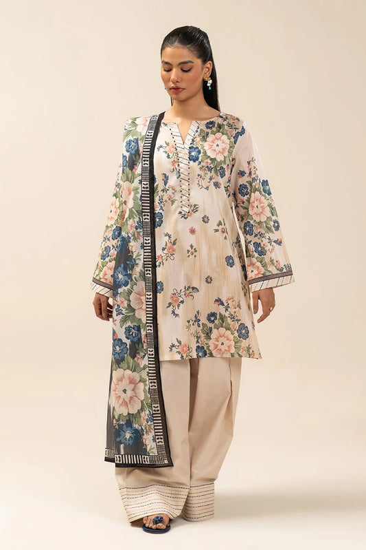 3 PIECE PRINTED LAWN SUIT-IVORY FLORET (UNSTITCHED)