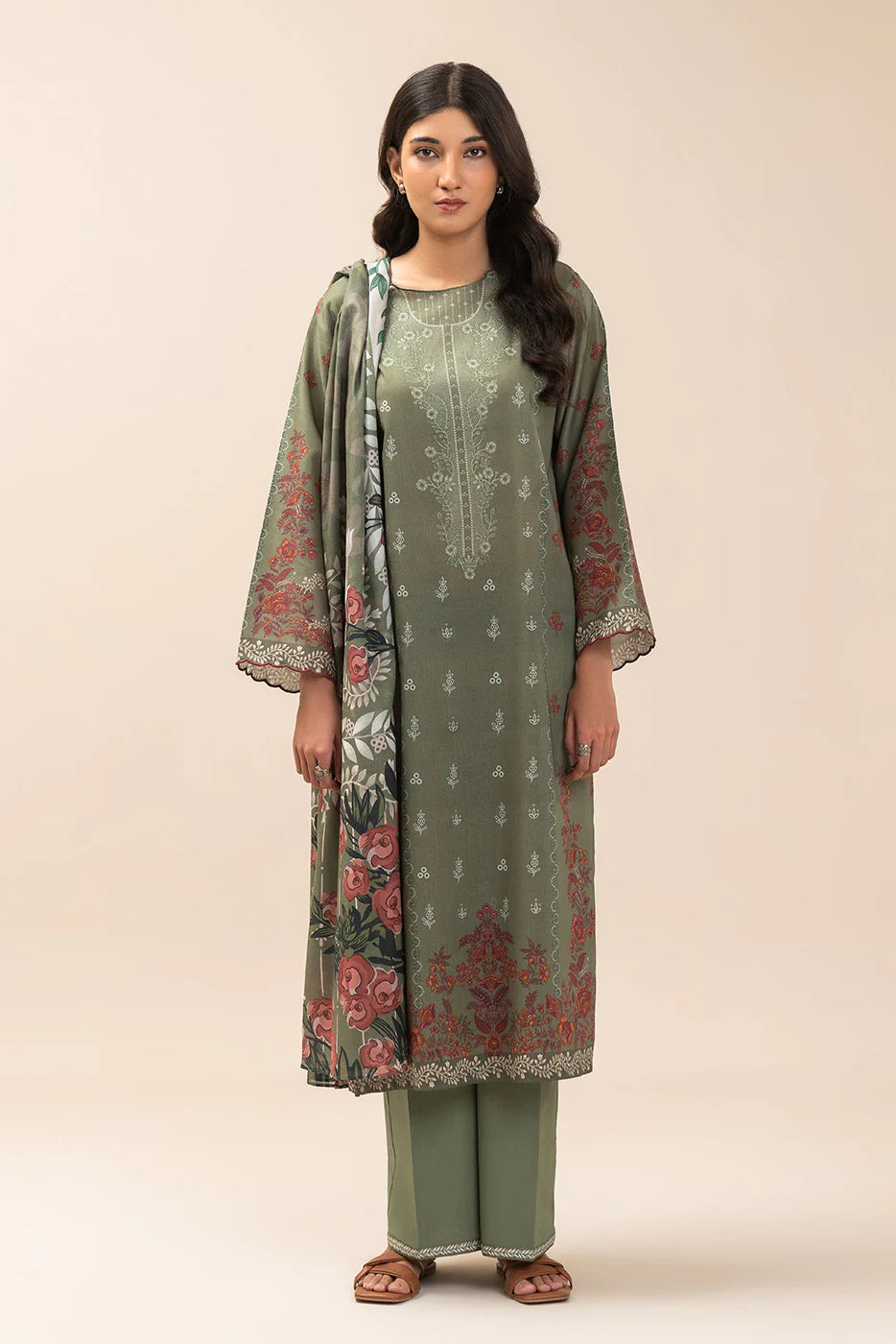 3 PIECE PRINT LAWN SUIT-OLIVE ESSENCE (UNSTITCHED)