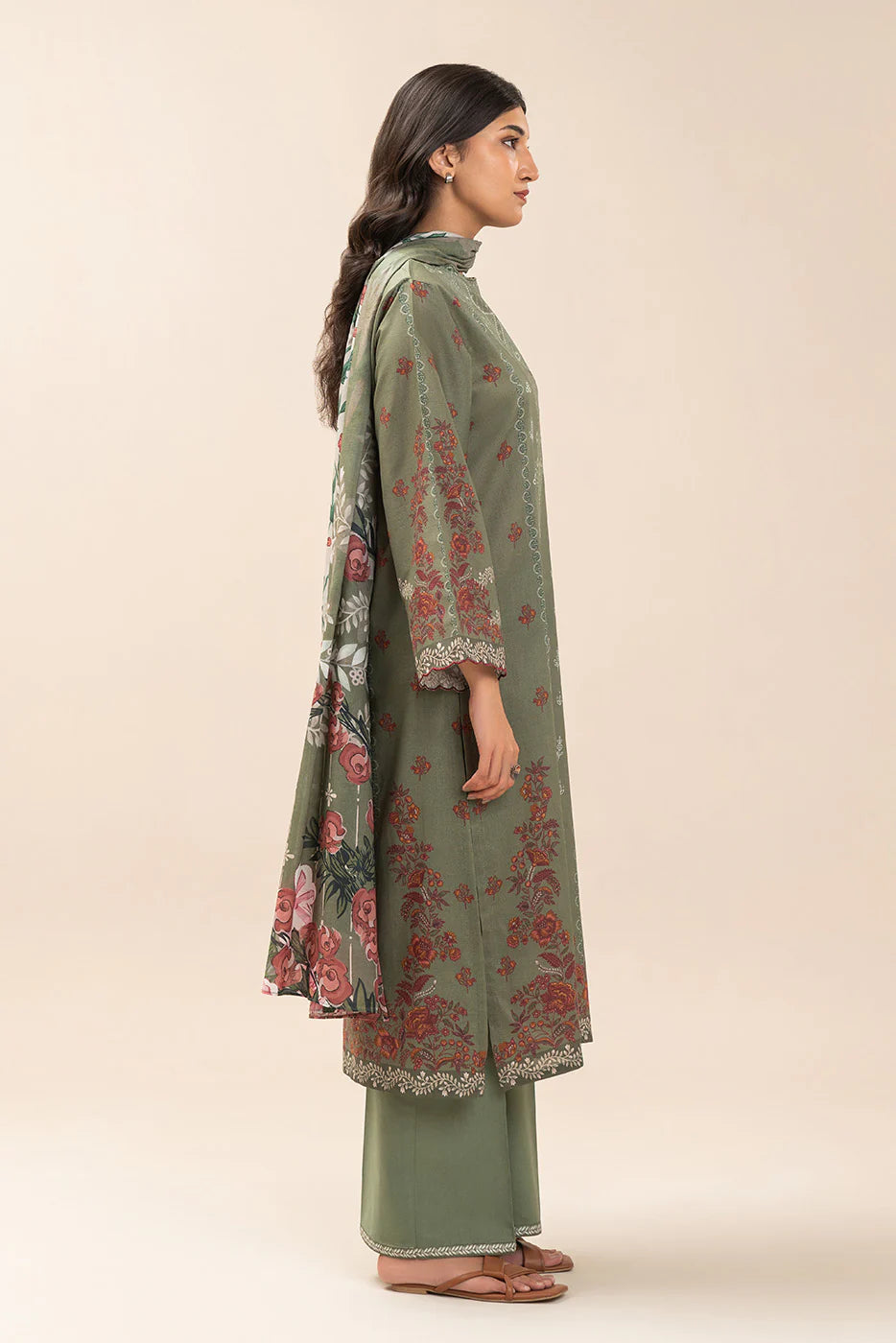 3 PIECE PRINT LAWN SUIT-OLIVE ESSENCE (UNSTITCHED)