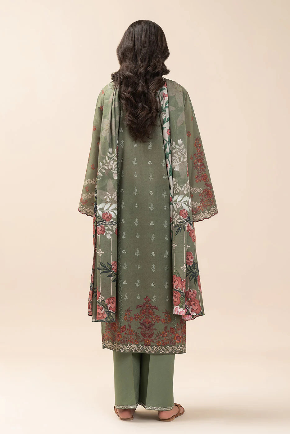 3 PIECE PRINT LAWN SUIT-OLIVE ESSENCE (UNSTITCHED)