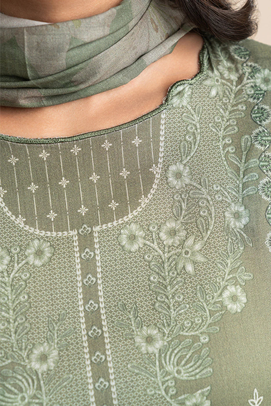 3 PIECE PRINT LAWN SUIT-OLIVE ESSENCE (UNSTITCHED)