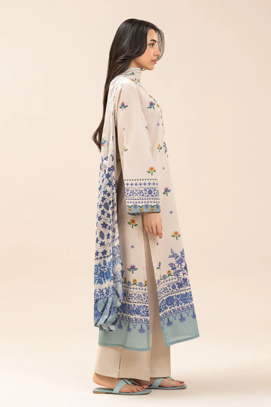 3 PIECE PRINTED LAWN SUIT-CROSS BLUE (UNSTITCHED)