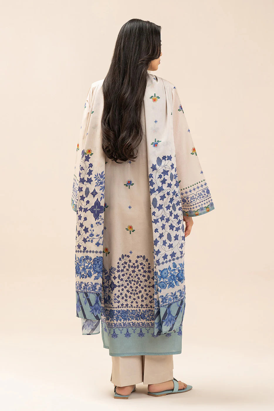 3 PIECE PRINTED LAWN SUIT-CROSS BLUE (UNSTITCHED)