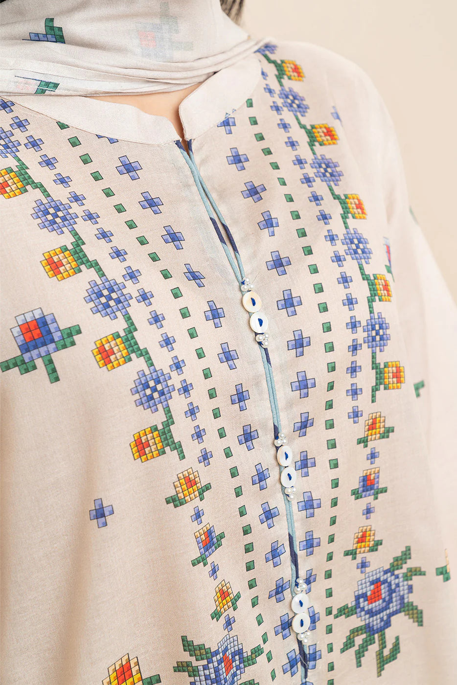 3 PIECE PRINTED LAWN SUIT-CROSS BLUE (UNSTITCHED)