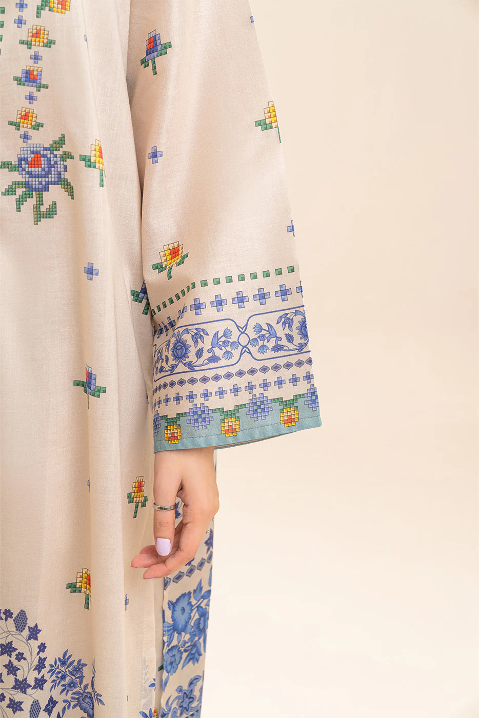 3 PIECE PRINTED LAWN SUIT-CROSS BLUE (UNSTITCHED)