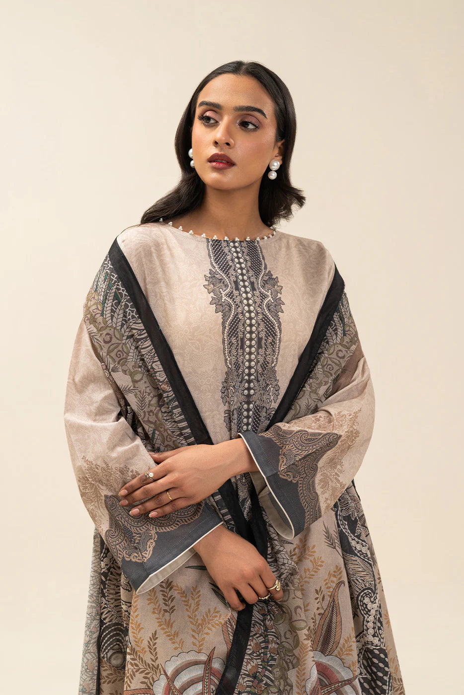 3 PIECE PRINTED LAWN SUIT-COFFEE FOREST (UNSTITCHED)