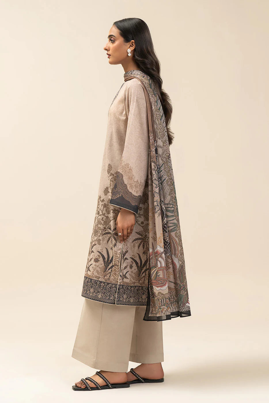 3 PIECE PRINTED LAWN SUIT-COFFEE FOREST (UNSTITCHED)