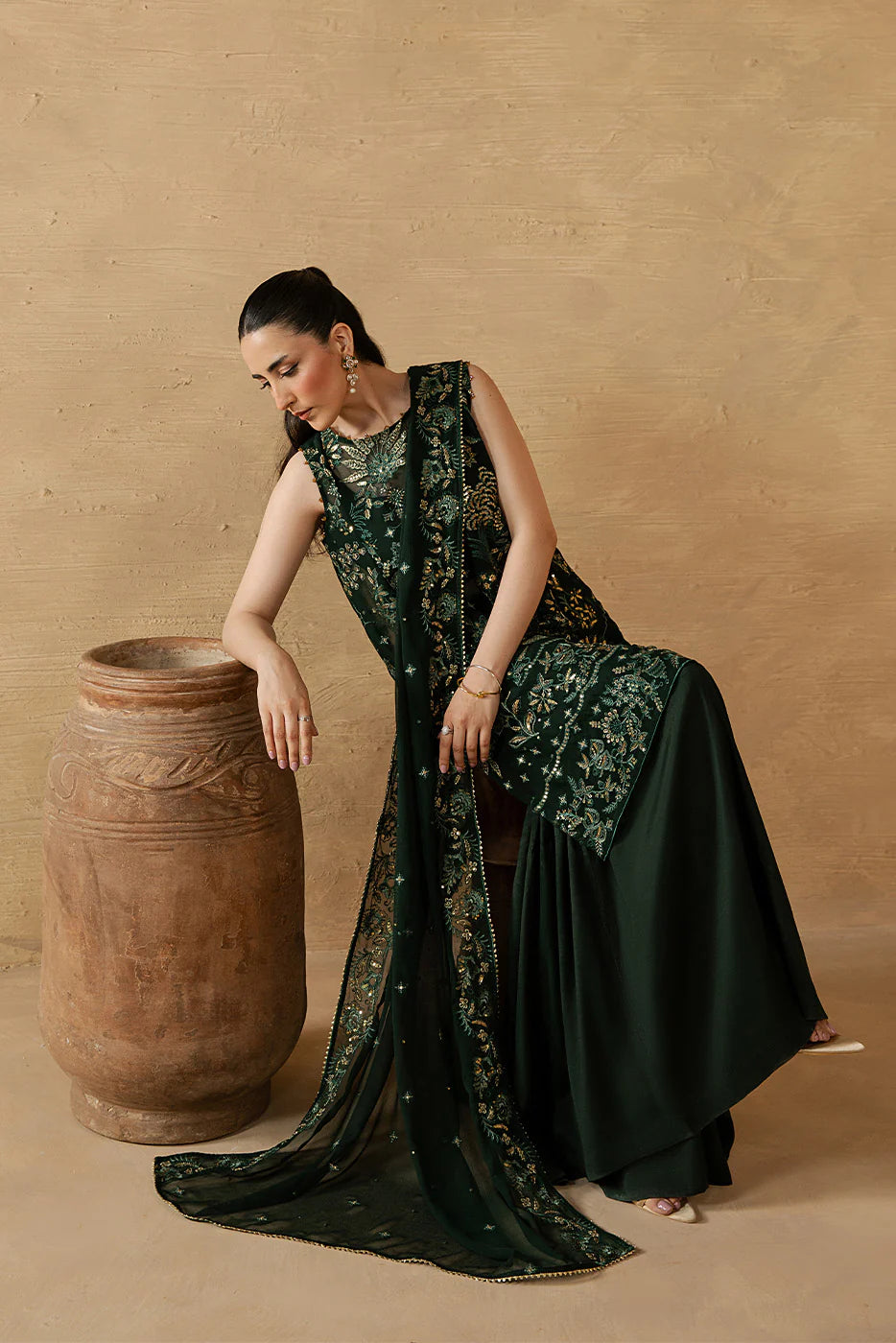 4 PIECE EMBROIDERED CHIFFON SUIT-EVERGREEN GROVE (LUXURY UNSTITCHED)