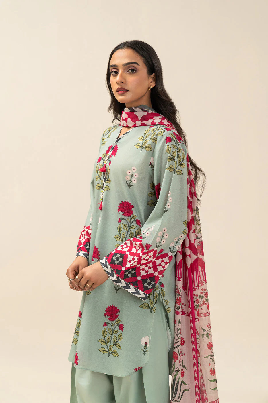 3 PIECE PRINTED LAWN SUIT-SPRING ESCAPE (UNSTITCHED)