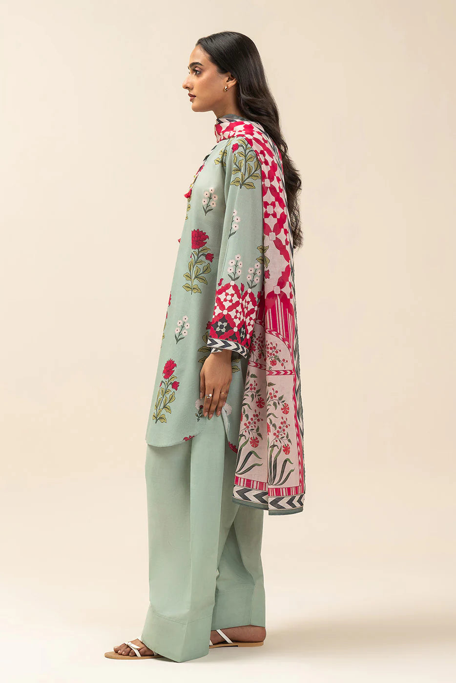 3 PIECE PRINTED LAWN SUIT-SPRING ESCAPE (UNSTITCHED)